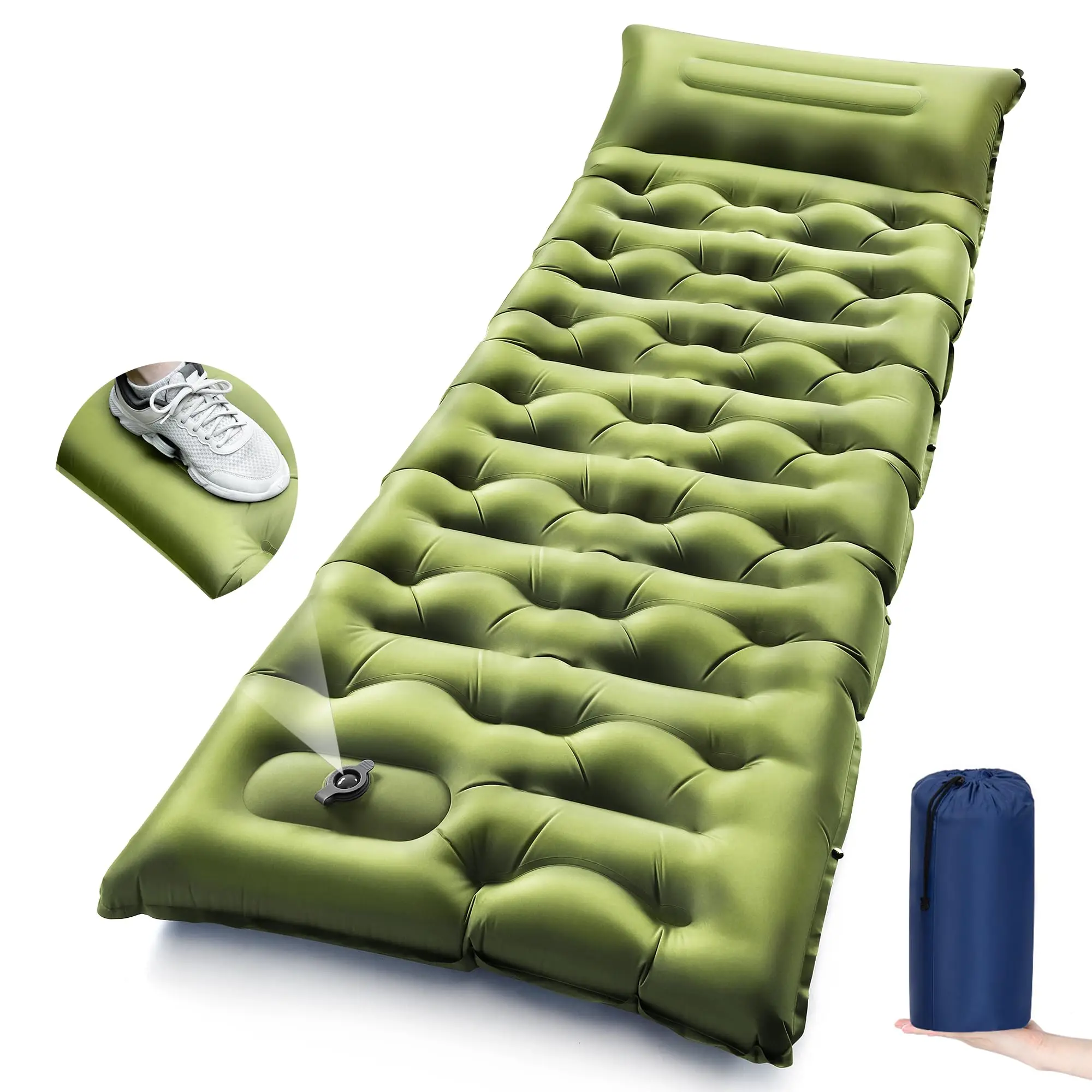Thick Inflatable Camping Sleeping Pad with Built-in Pillow & Foot Pump, Portable Lightweight Waterproof Air Mattress, Foldable O