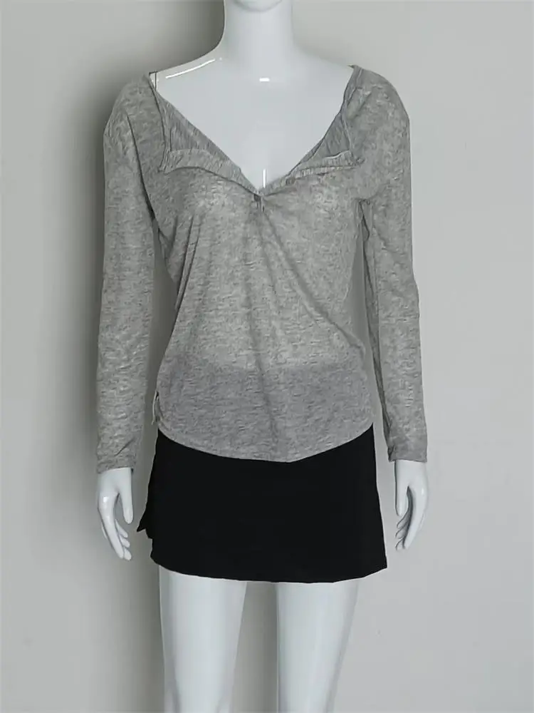 여자 솔리드 캐주얼 긴팔 티셔츠 여성용 작업복 탑 섹시한 얇은 투명 티셔츠 한국 루즈 티셔츠 streetwear