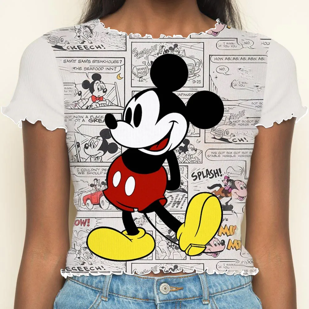 Summer Clothes Women 2024 Disney Crop Tops Sexys Lettuce Trim Mickey Short Sleeve T-shirts Y2k Woman Clothing T-shirt Top Disney