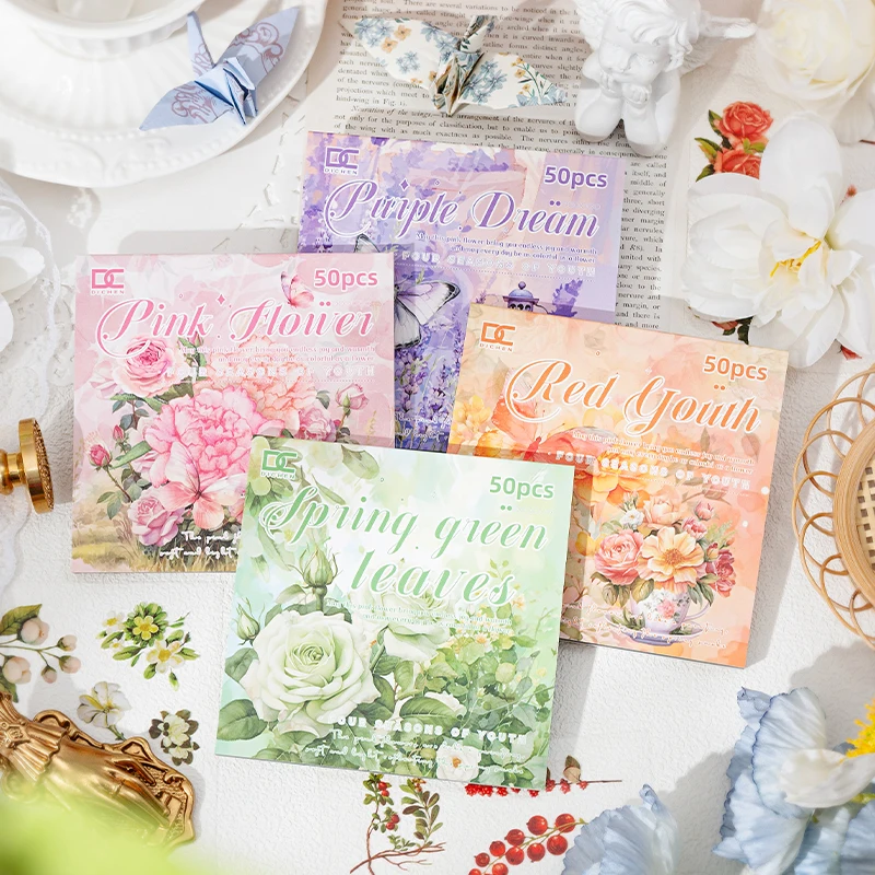 50 Sheets PET Die cut Stickers book Plants Flowers Decorative handmade Craft Material Diary Album Scrapbooking Supplies