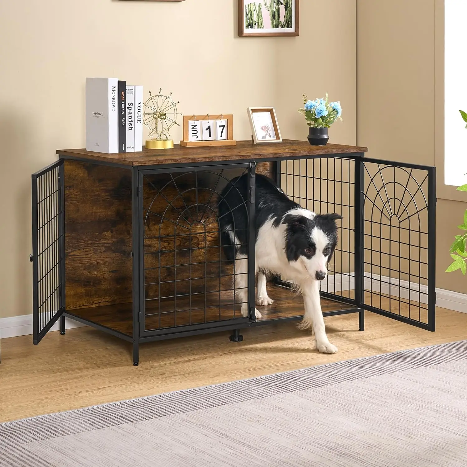 

39.4" Dog Crate Furniture, 176lbs Heavy Duty Dog Kennels Indoor, End Side Table, TV Cabinets, Quadra-Door Wooden Dog Crate for S