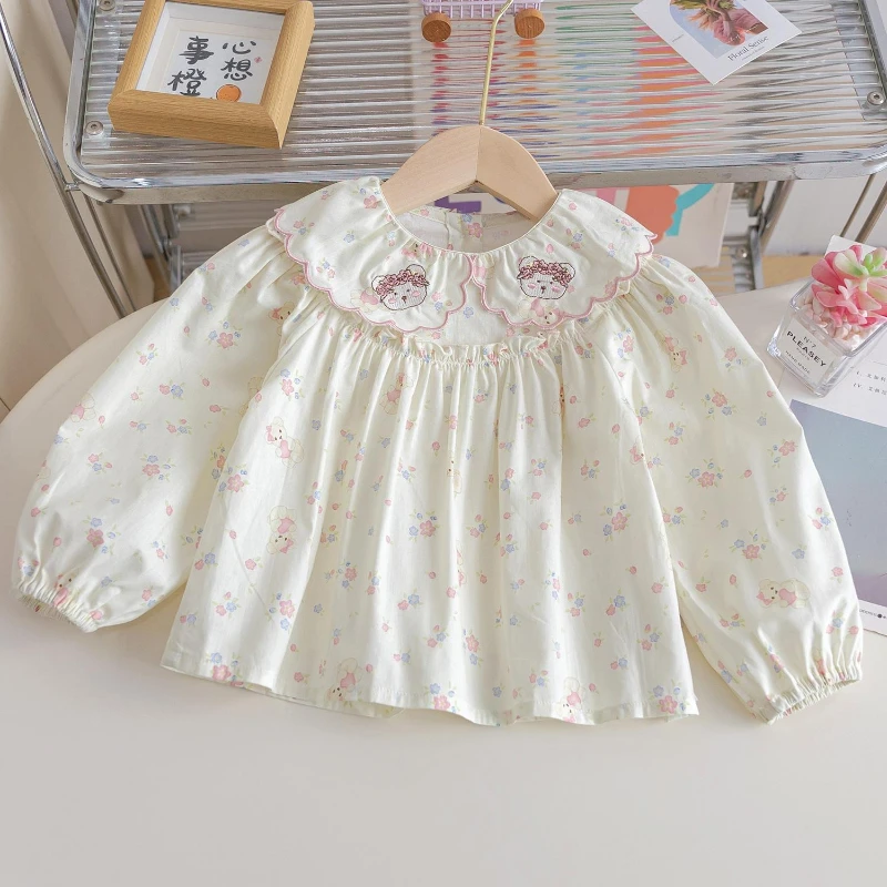 

Girl's 2025 New Spring and Autumn Style Cotton Bear Embroidered Collar with Full Print Floral Long Sleeve Doll Shirt