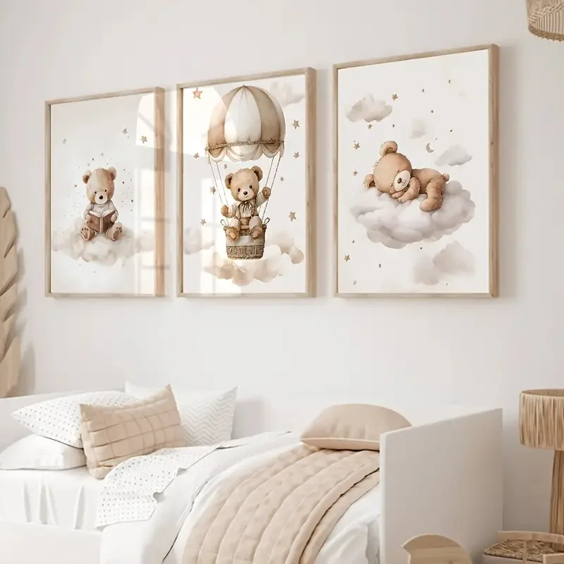 3PCS frameless decorative art print,3pcs/set Bohemian Style Teddy Bear Animal Nursery Canvas Poster Stars Cloud Bears Wall Art P