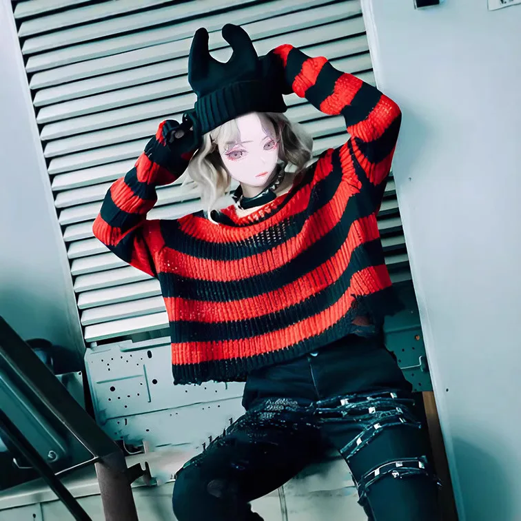 Women Stripe Knitted Pullovers Jumpers Holes Sweaters Round Neck Long Sleeve Loose Fit Casual Y2k Streetwear 2025 Autumn Winter
