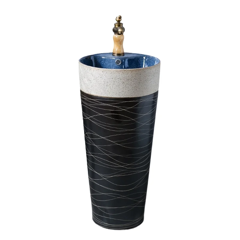 

Engraved line integrated column basin ceramic column washbasin simple floor cylindrical washbasin