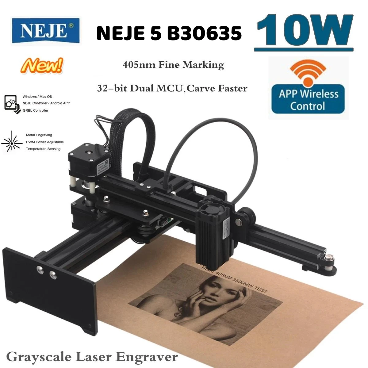 NEJE 5 B30635 10W Desktop CNC Laser Engraver LOGO Image Portrait Grayscale Carving Printer With Bluetooth APP Control