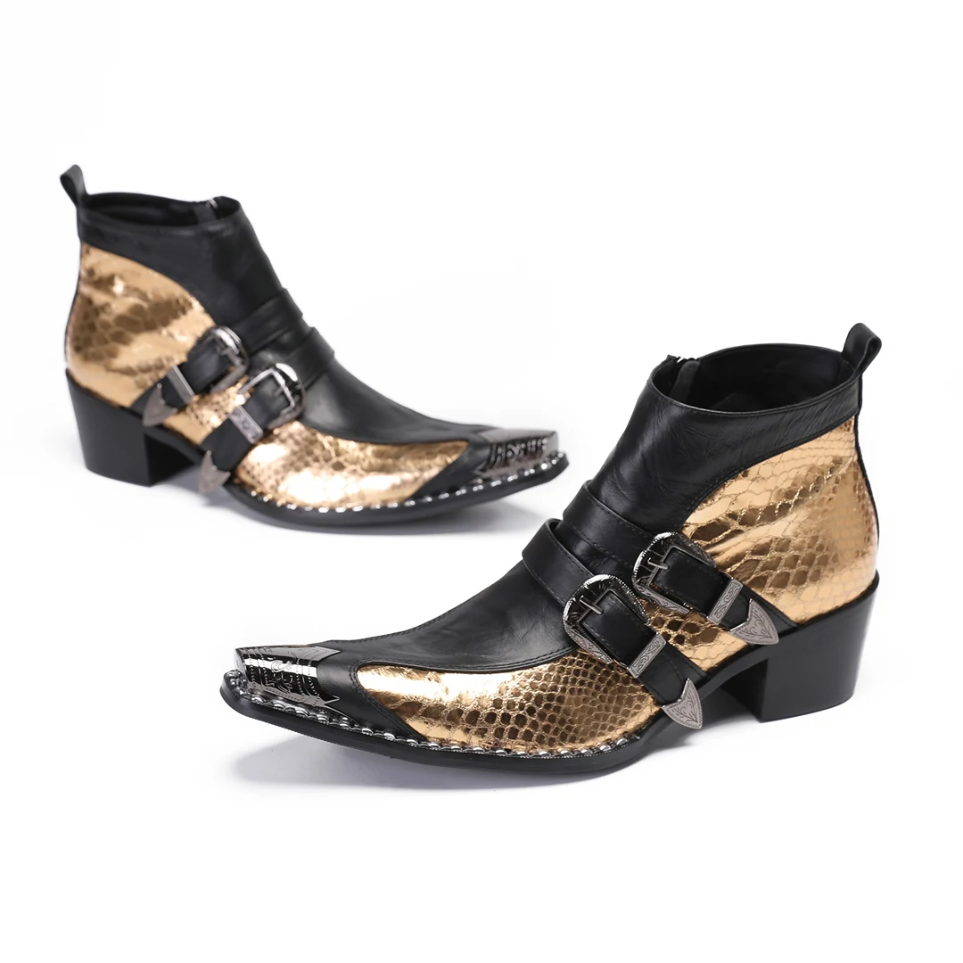 Men Ankle Boots Autumn Winter Gold Black Patchwork Genuine Leather Dress Boots Snake Skin High Heels Buckle Shoes Man Botas