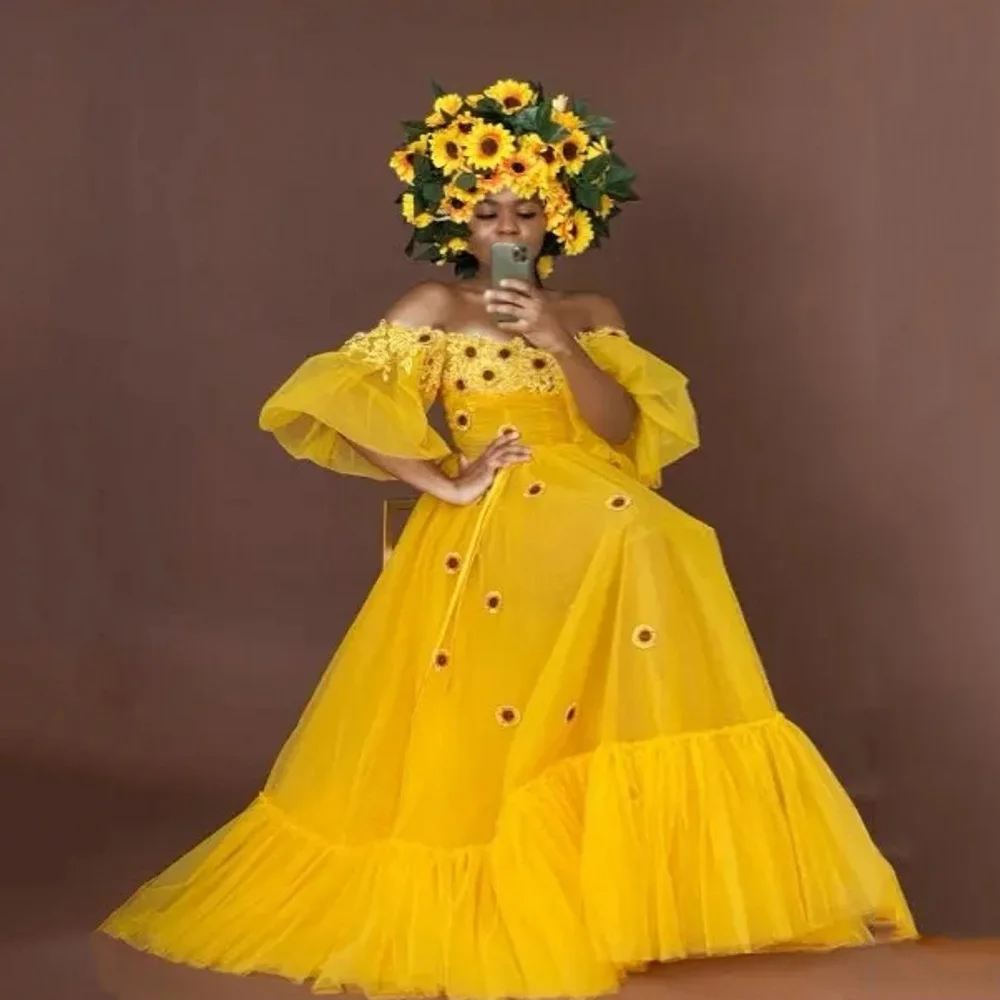 Girassol exuberante a linha vestidos femininos sempre bonito vestido de baile com mangas inchado longo até o chão vestidos formais em camadas