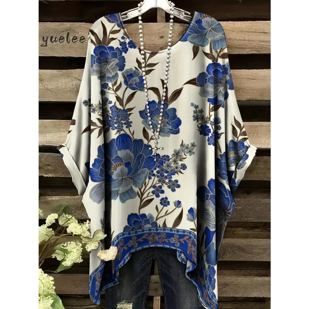 

Summer Women's Elegant Bohemian Two Tone T-Shirt Heart Floral Print with Butterfly Round Neck Casual Blouse Boho Woman Clothes