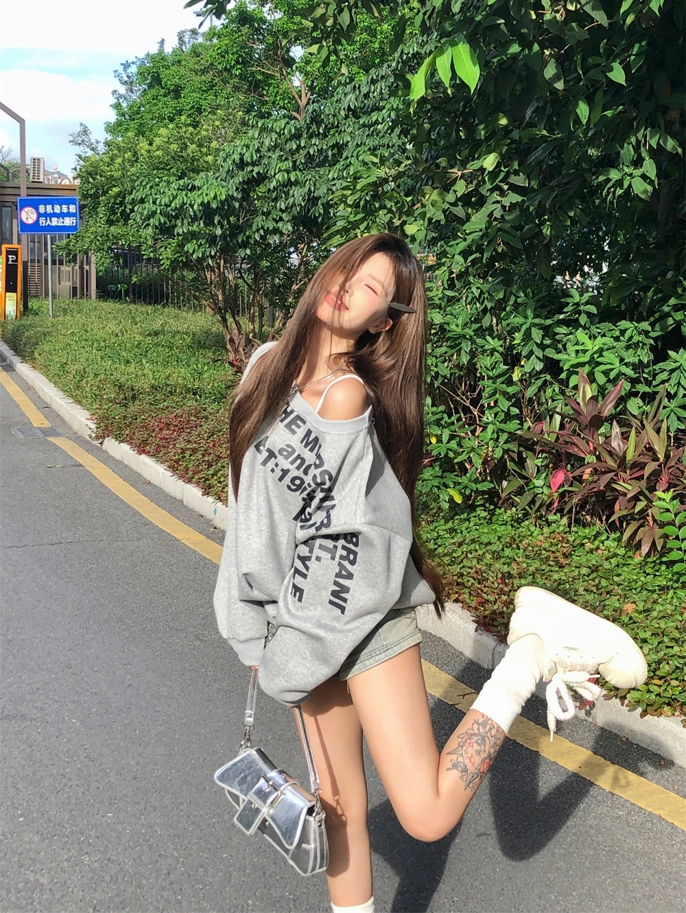 Grey Hooded Women Clothing Vintage Street Sweatshirt Hiphop Y2K Letter Printing Pullover Long Sleeves Warm Oversize Ladies Tops