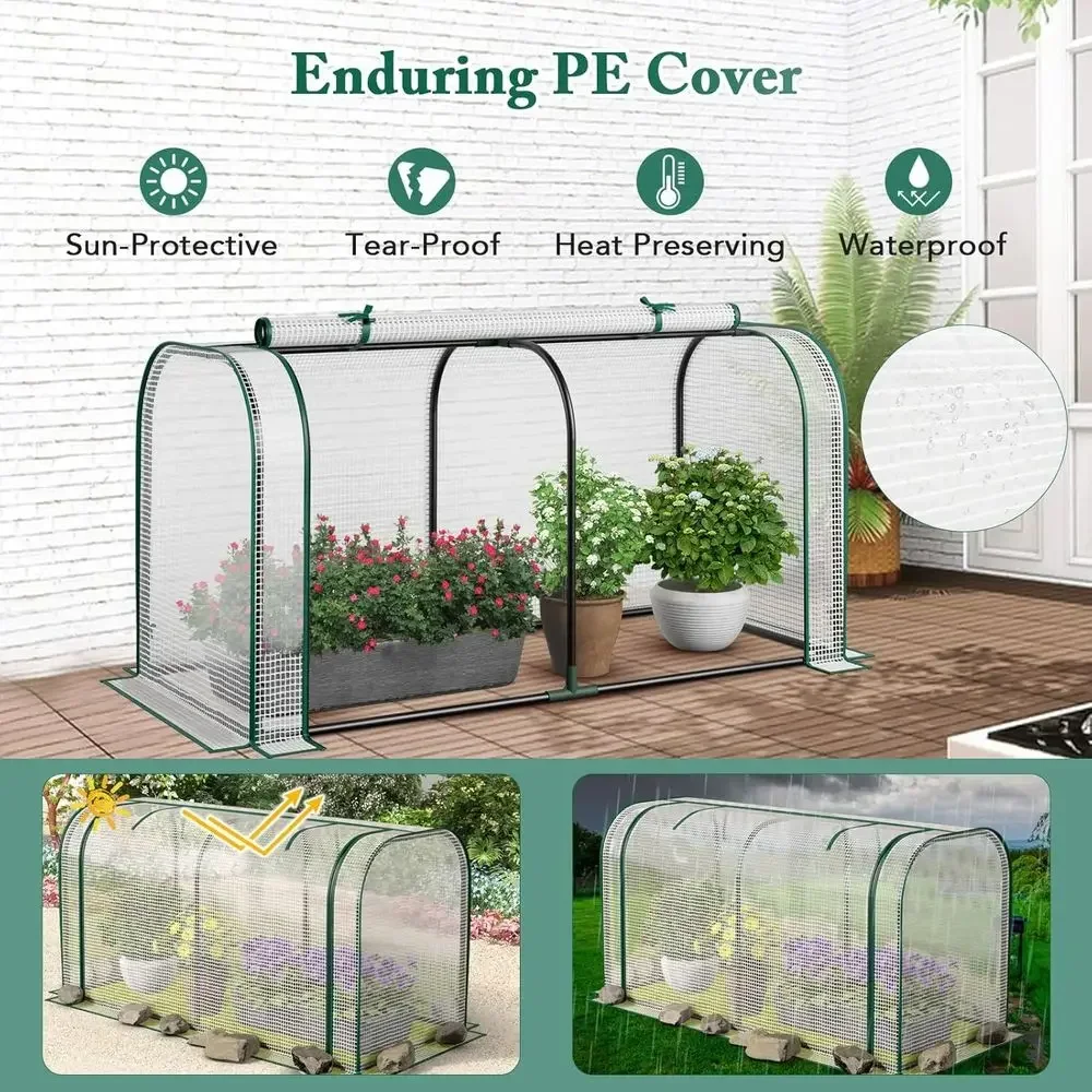 Elevated Garden Bed with Roll-Up Door Greenhouse, Sun-Protective Metal Frame, Pine Wood Planter Box with Drainage