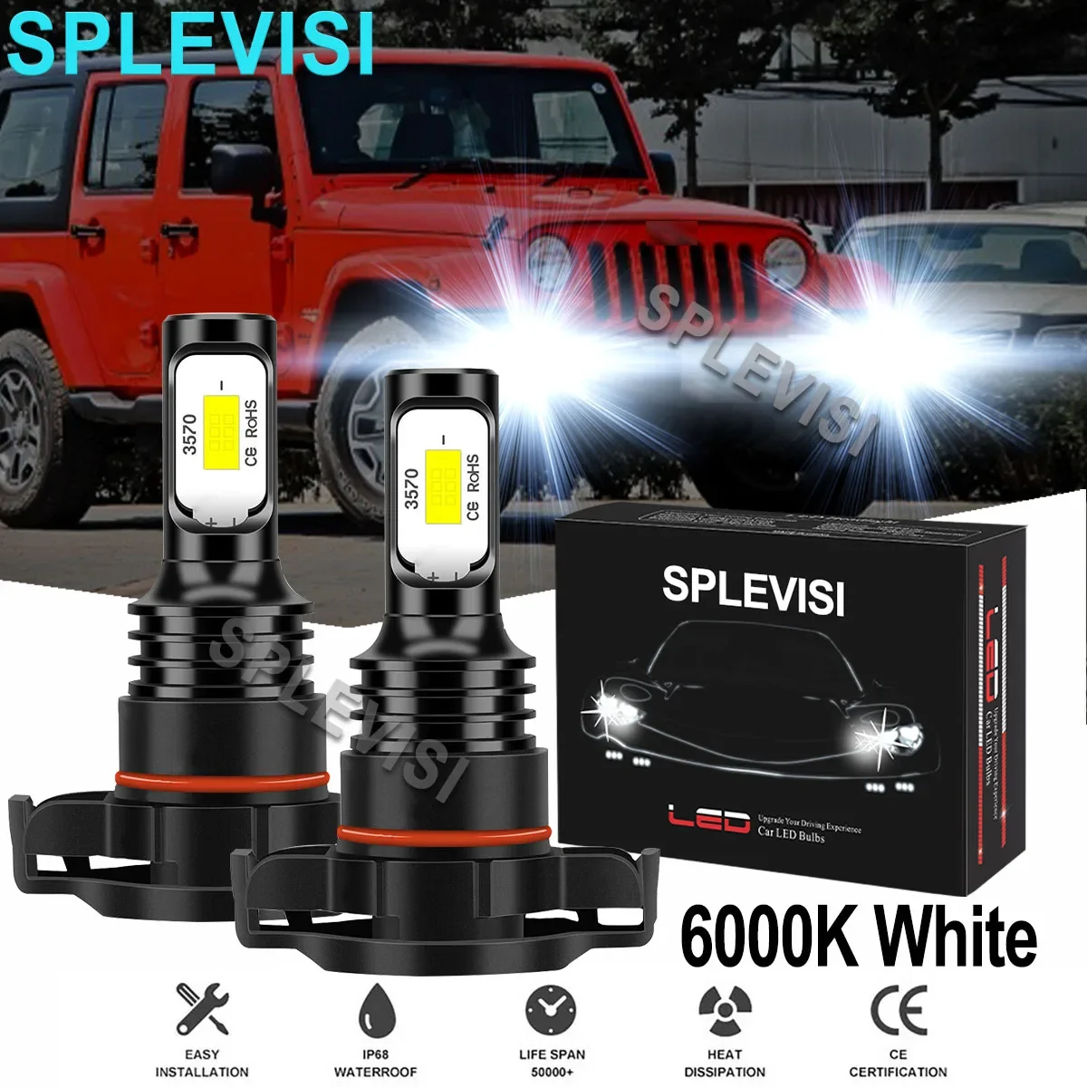 2x 70W White Car LED Fog Light Bulbs 6000K For Jeep Wrangler 2010-2020 Mitsubishi Lancer 2008-2017 Cadillac Escalade 2007-2014