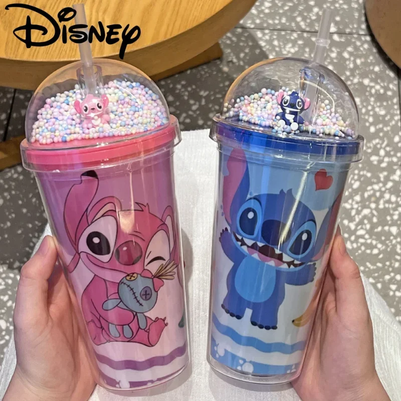 Disney-Lilo & Stitch Double Layer Plastic Water Cup com palha, Caneca criativa portátil do presente, Leite Café Chá Handy Cup, 450ml