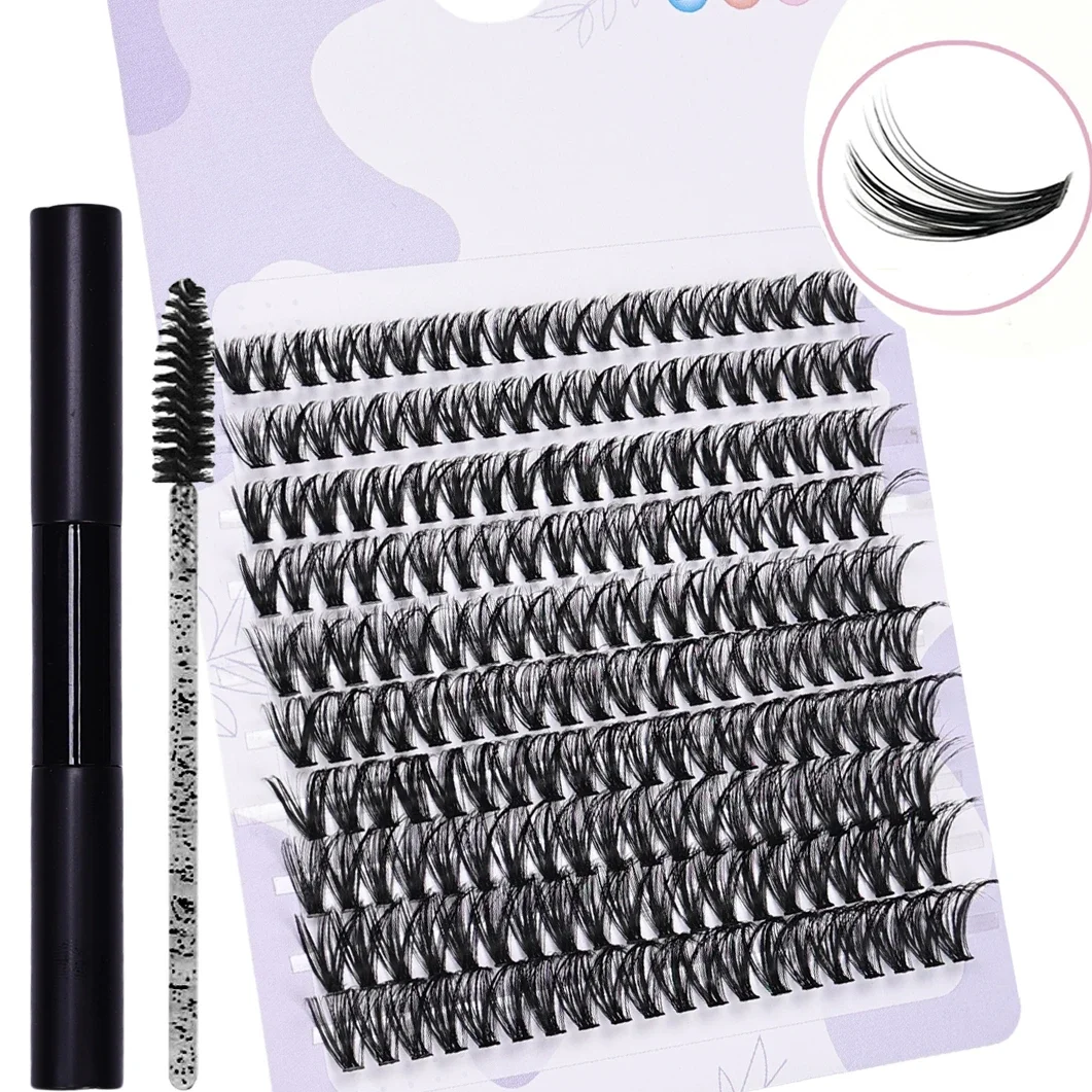 False Eyelash Extension Kit - 200pcs Clusters with Adhesive and Sealant Plus Brushes for DIY Lash Extensions