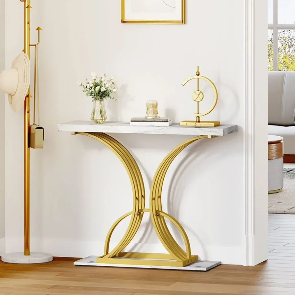 

Entrance Side Table Small 40in Gold Narrow Console Table Side End Table With Faux Marble Top for Living Room Hallway Entryway