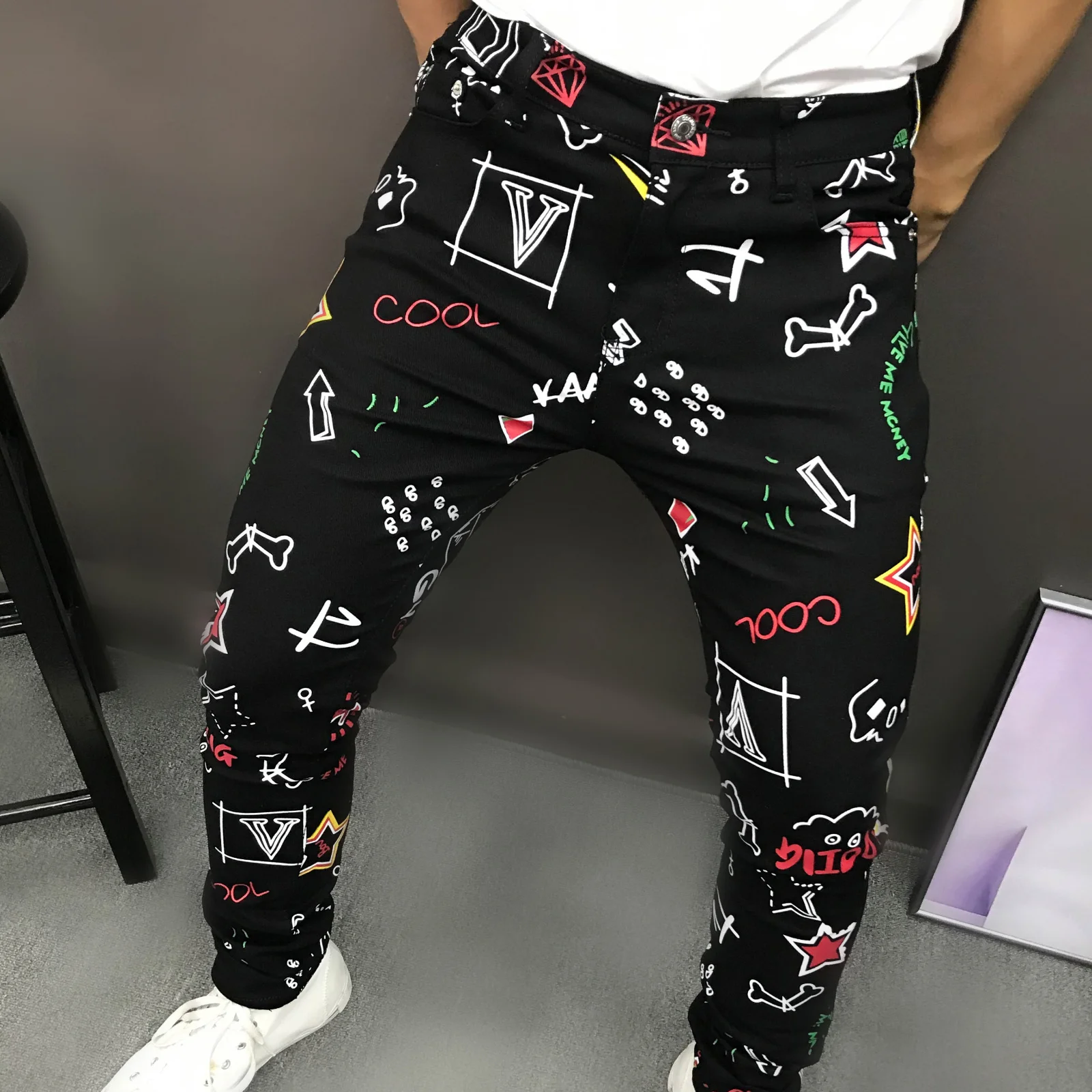 print graffiti jeans high Street Jeans Men Black Stretch Slim Fit Printed Casual Denim Jeans Pants Hip Hop Dance Jeans Black