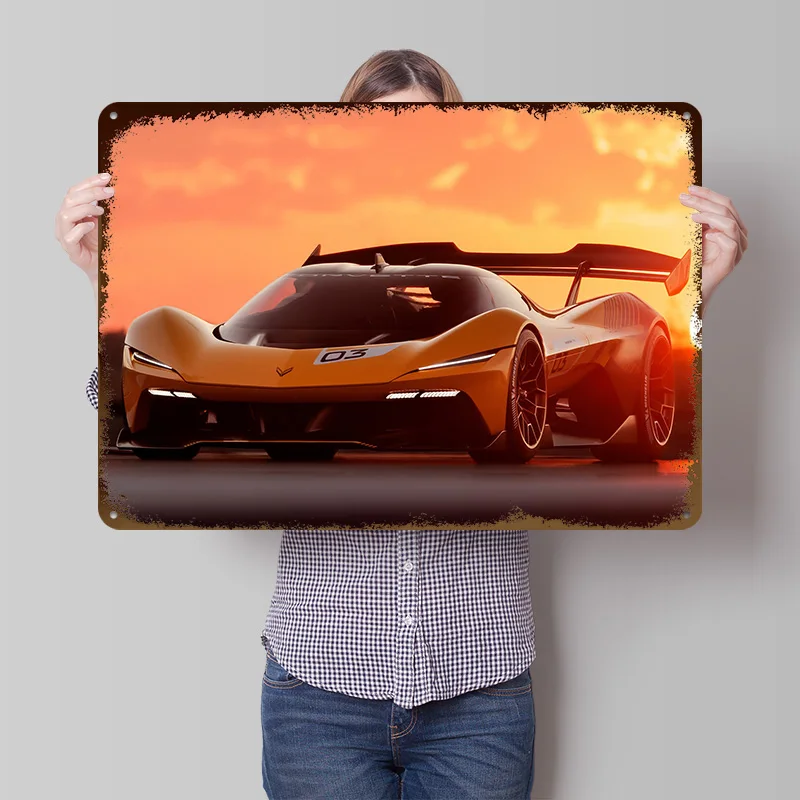 Sport-Corvette-Orange-Auto-Poster, individuell gestaltete Wandkunst, Retro-Vintage-Metallblechschilder zur Raumdekoration, gemütliches Haus