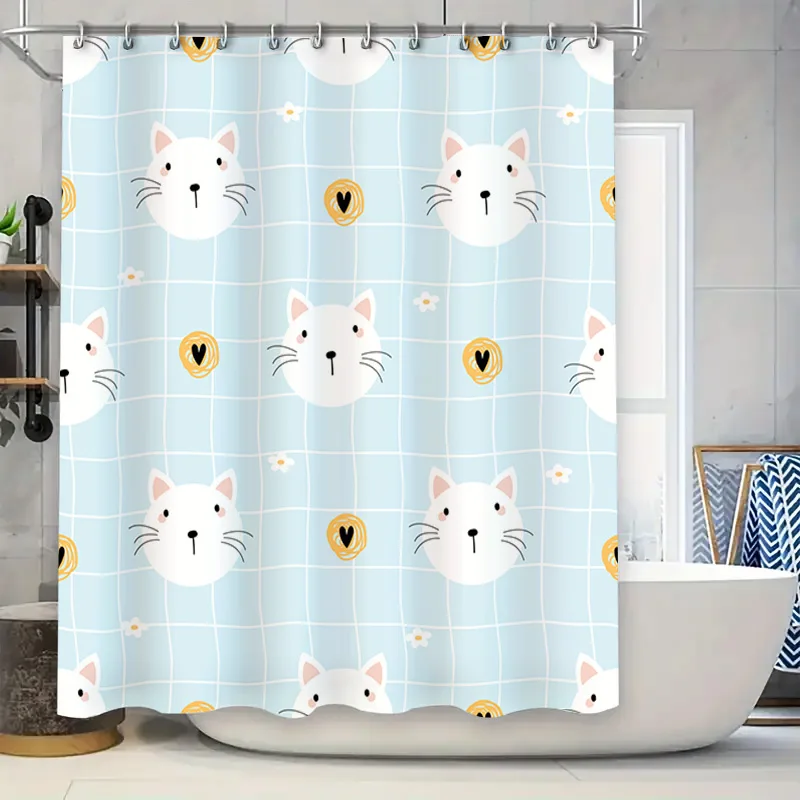 

Whimsical Cat Shower Curtain Blue Plaid Design with Yellow Coins Waterproof Fabric for Bathroom Decorations