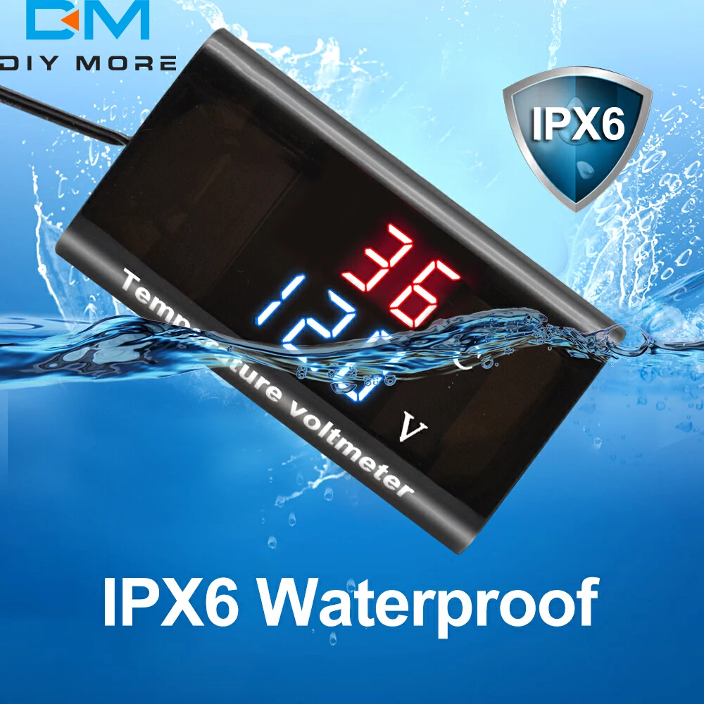 DC 12V 0.28 inch Dual Display LED Digital Temperature Sensor Voltmeter Thermometer Voltage Meter Tester with 100cm Cable