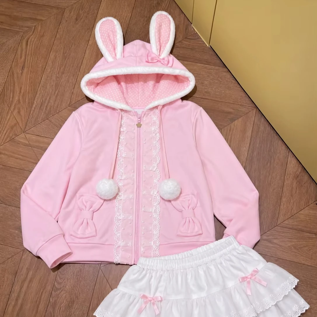 Japanese Kawaii Hoodie Sweet Cartoon Long Sleeve Rabbit Ears Jacket Y2K Vintage Harajuku Cute Coat Girl Casual Outerwear