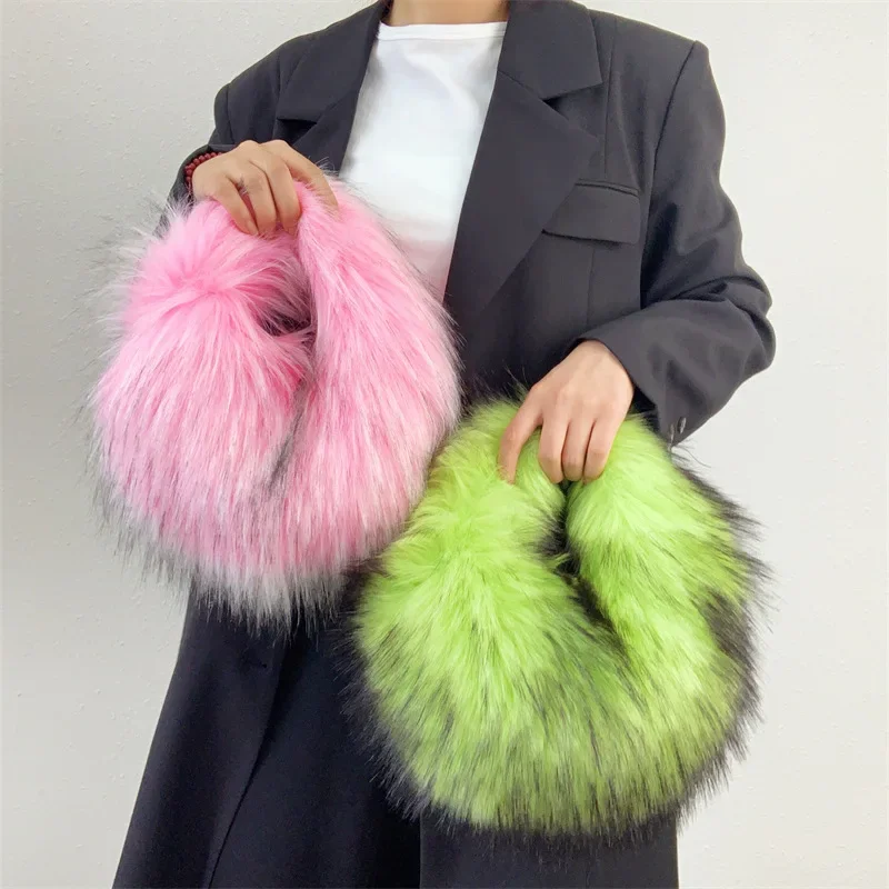 Luxury Faux Fur Women\'s Handbags Winter Fashion Hot Girls Furry Shoulder Bags Dinner Clutch Purse Soft Plush Female Underarm Bag