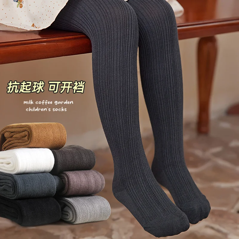 Sweet Girls Solid Color Leggings With Thin Stripe Pattern Anti Pilling Wear Resistant High Elastic Soft Skin-Friendly Pantyhose