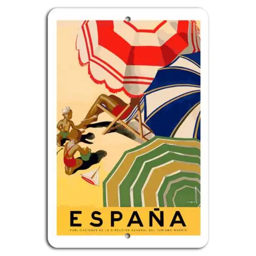Sunny España: Ambiente playero vintage en una cartelleta clásica de aluminio y estaño