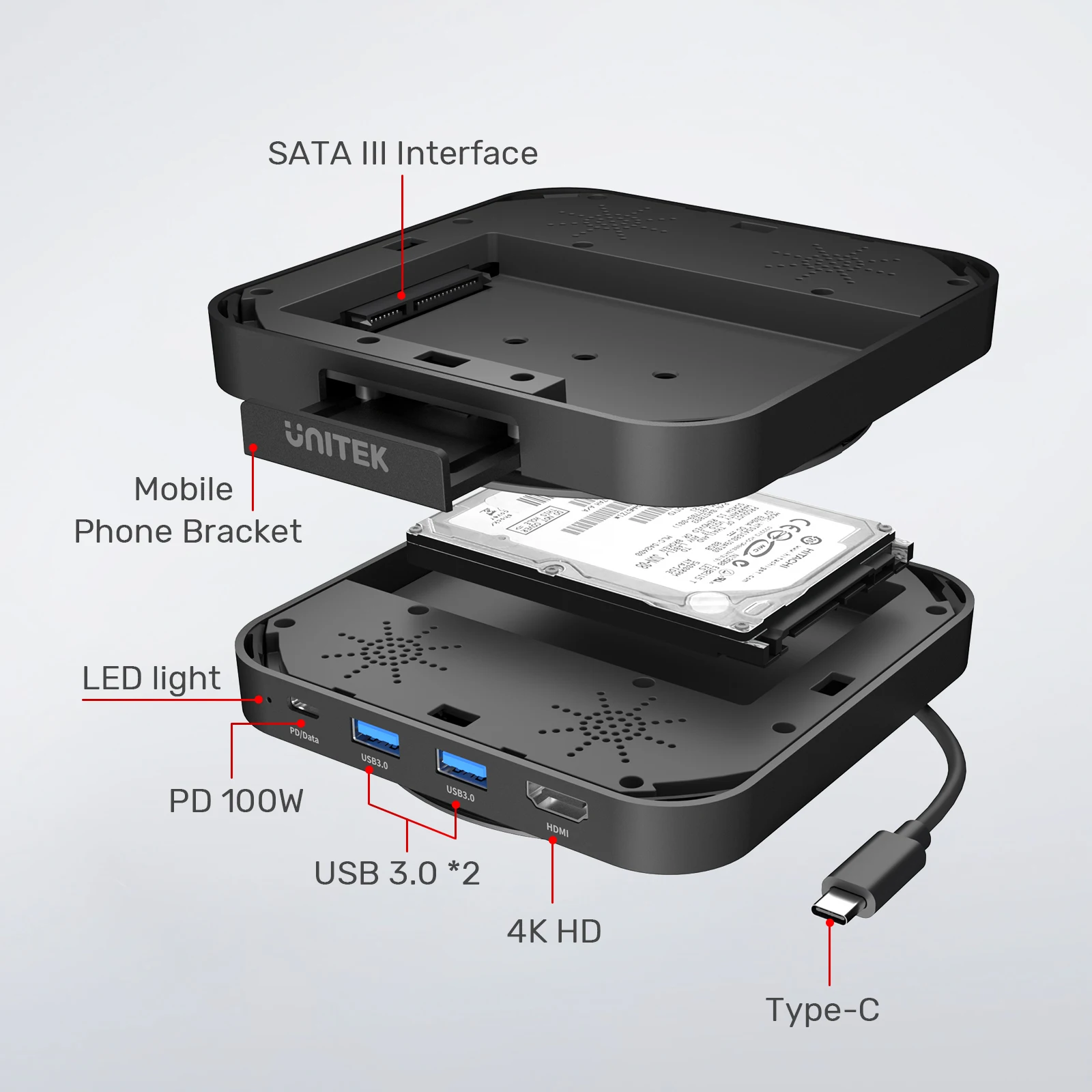 Unitek USB C HUB SSD Hard Drive Docking Station USB3.1 5Gbps Extension Ports 4K HDMI Adapter PD 100W Charging for MacBook Pro