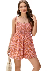 Laranja Boho Floral Imprimir Spaghetti Correias Romper, Shirred