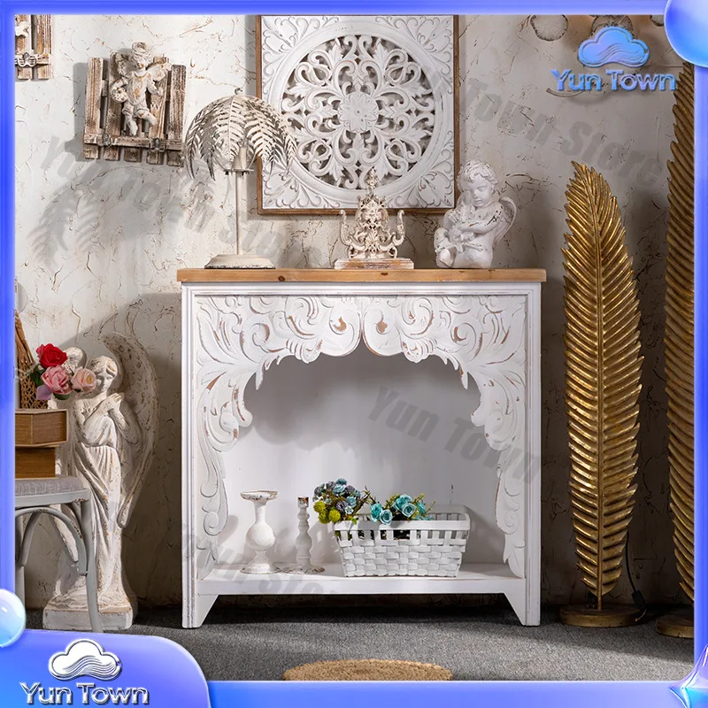 French Vintage Solid Wood Fireplace Cabinet for Living Room Entryway Carved Decorative Display Cabinet for Rustic Home Decor