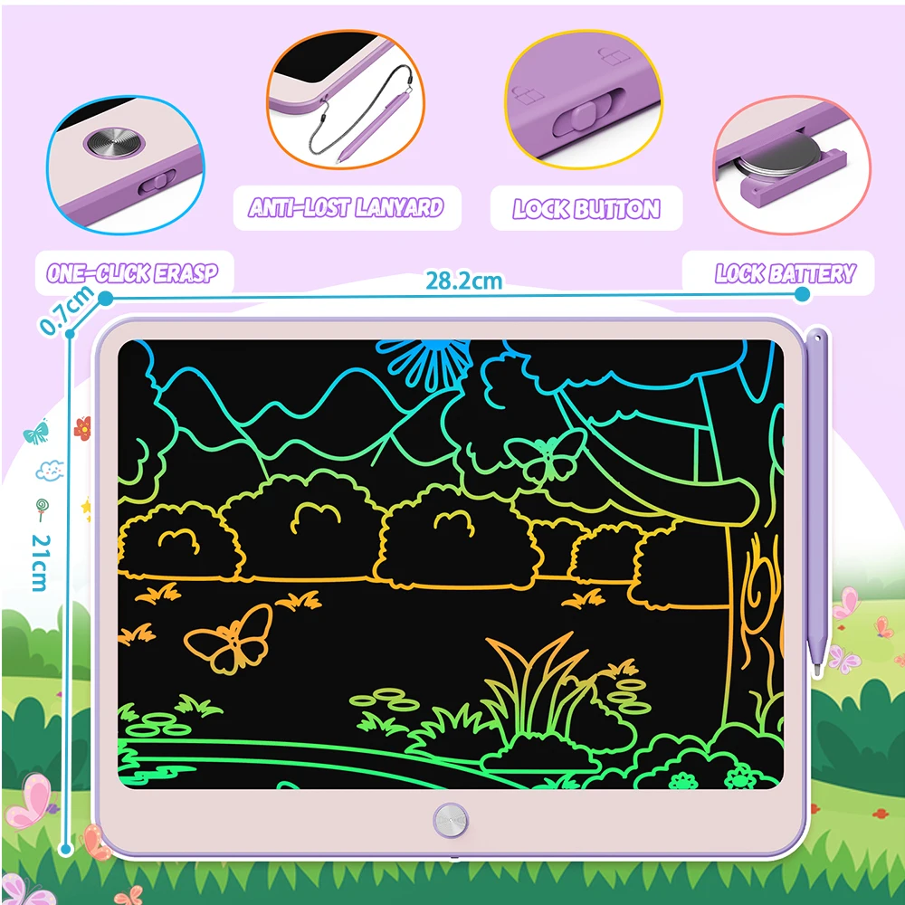 LCD-Schreibtablett, 12-Zoll-buntes Kleinkind-Doodle-Brett, löschbare Zeichenblöcke mit Umhängeband, Lernspielzeug für Kinder