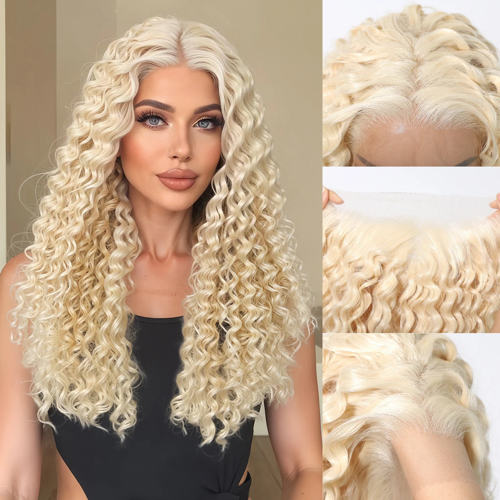 Topshe Premium 13x4 HD Lace Front Synthetic Wigs 24 Inch Deep Wave Blonde Pre-Plucked Natural Hairline Glueless for Women