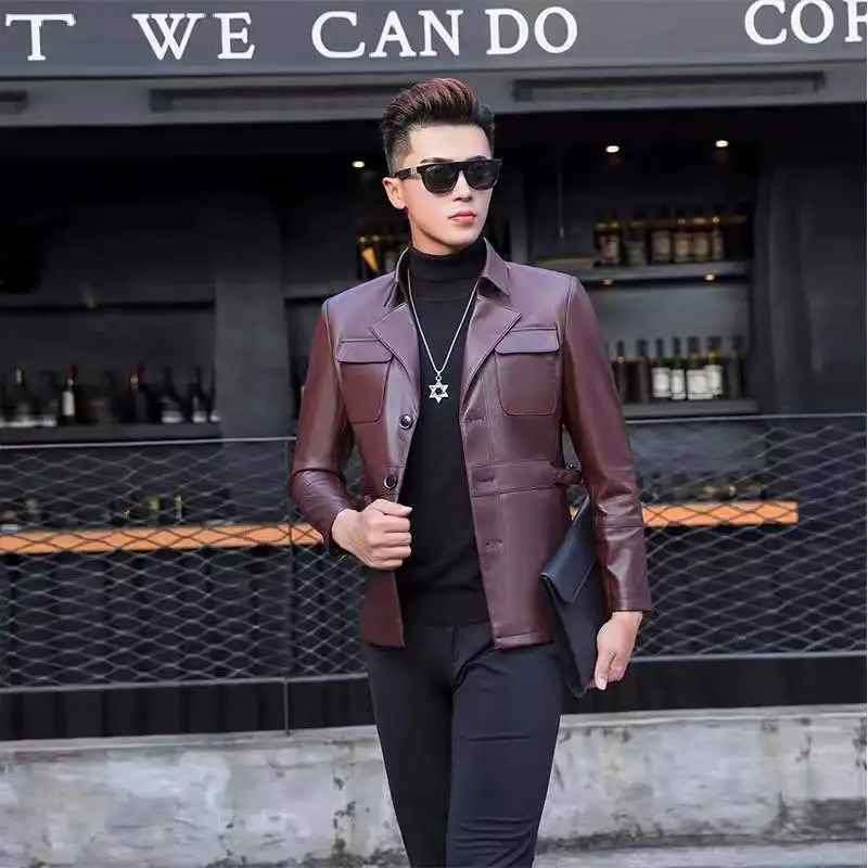 

2022 Spring Autumn Men's New Slim Genuine Leather Jackets Men Buttons Solid Color Coats Male Real Sheepskin Outerwear N118