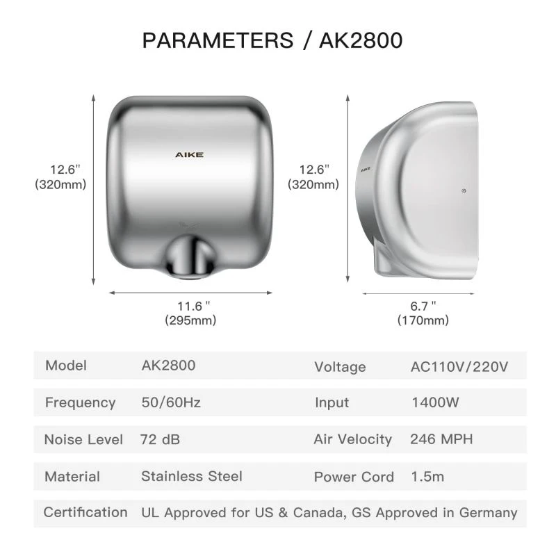 Asciugamani con sensore intelligente di marca AIKE potente asciugamani a flusso d'aria per asciugatrice commerciale ad alta velocità per bagno AK2800