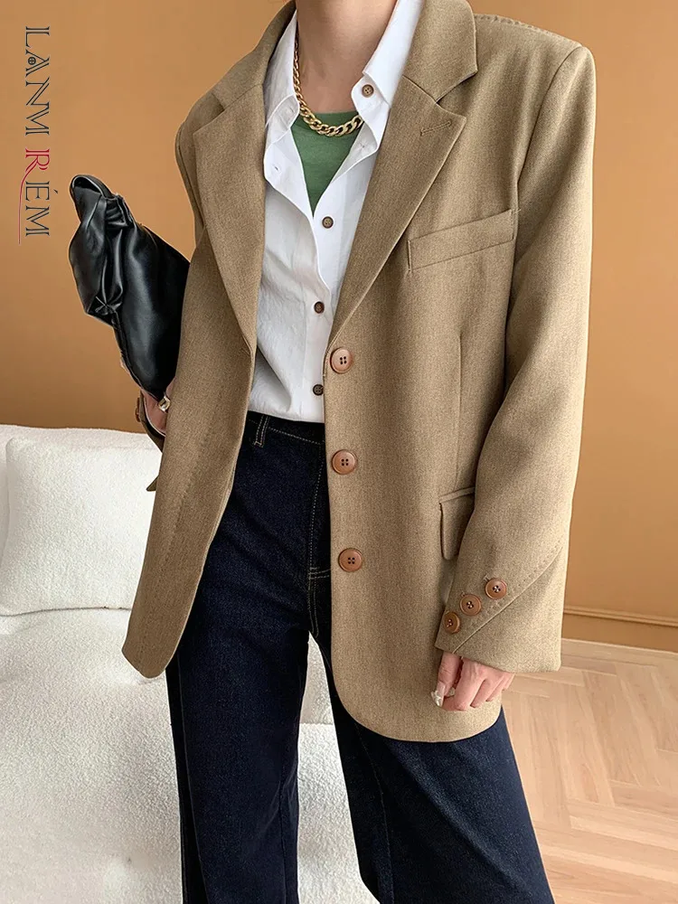 

[LANMREM] Elegant Loose Blazers Women's Notched Single Breasted Long Sleeve Office Lady Minimalism Coat 2024 Autumn New 26D9912