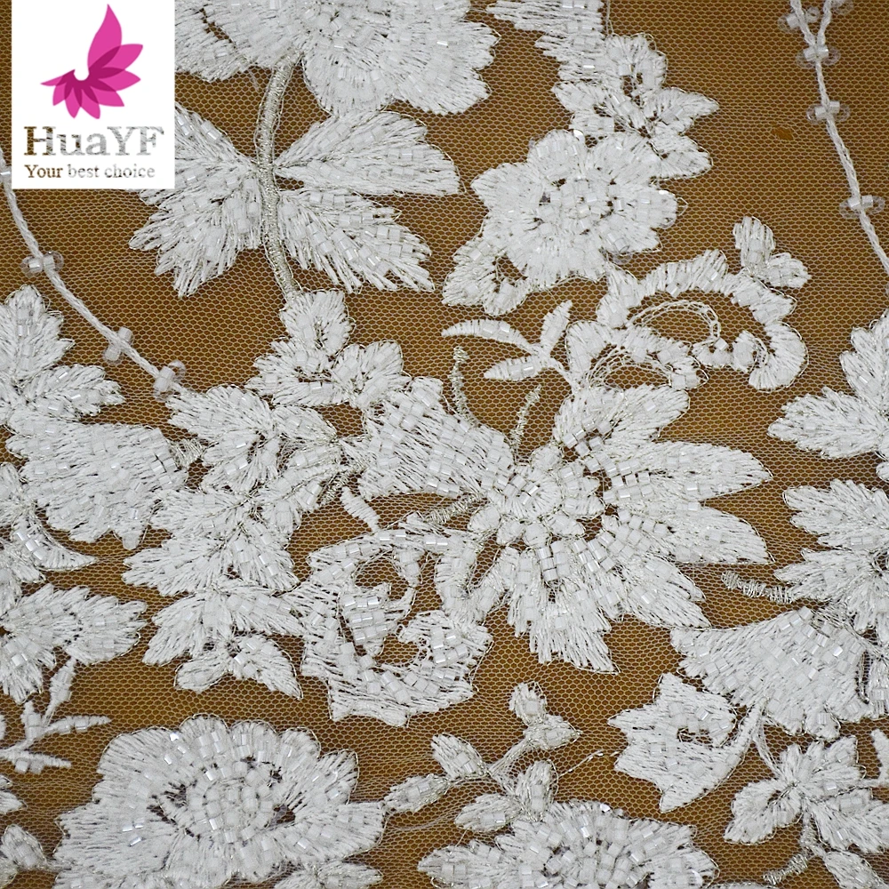 Elegant Off White Beads Embroidery Sequence Lace Fabric Women's Dress DIY Material 5 Yards HY2142