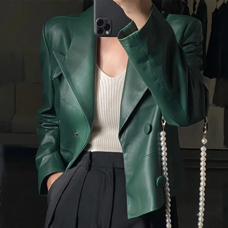 

2022 Sheepskin Suit Coat Women's Spring Retro And Modern Double Short Breasted Short Slim Fit Lapel Genuine Leather Jackets