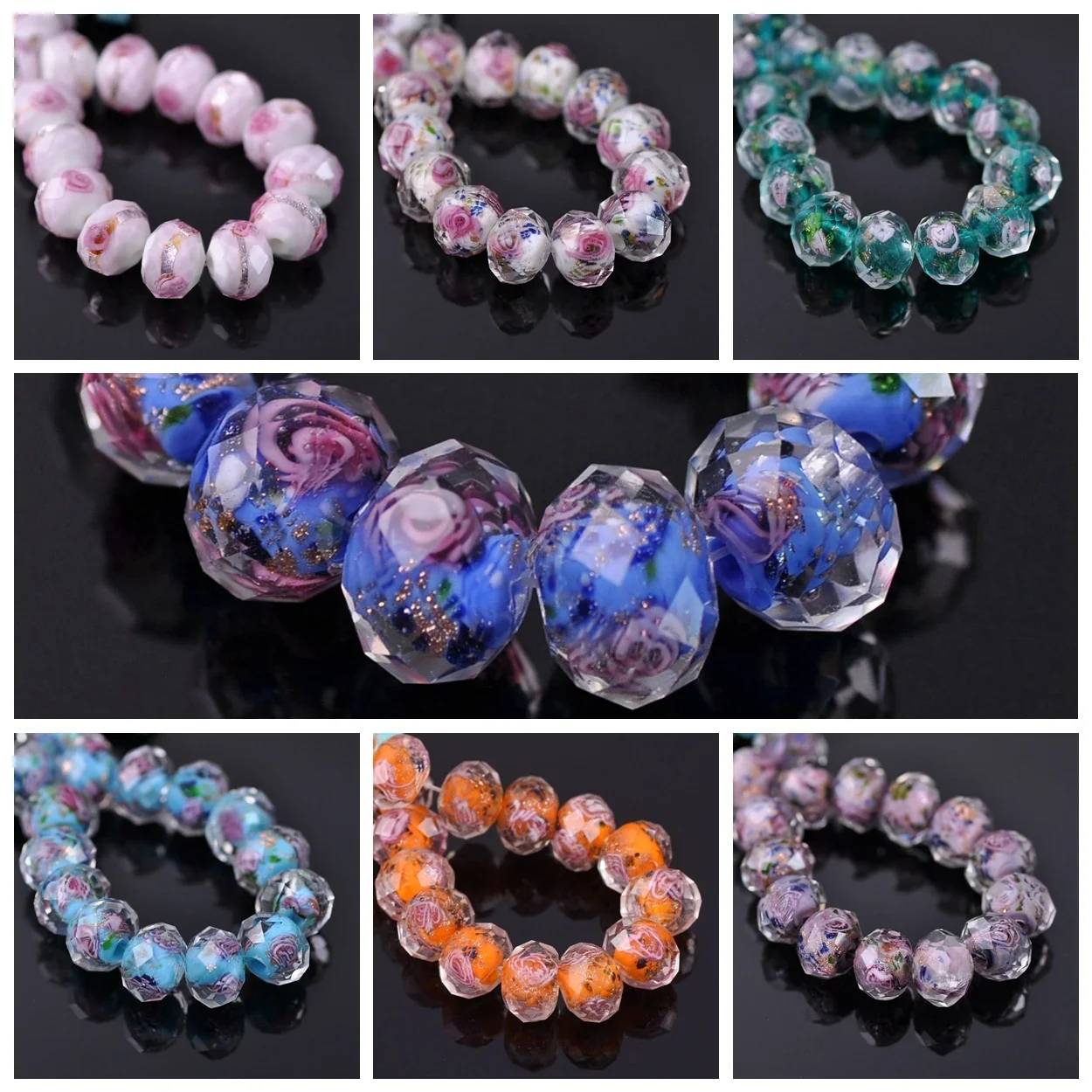 

10pcs 12X8mm Rondelle Faceted Crystal Flower Lampwork Glass Loose Spacer Beads for Jewelry Making Accessories