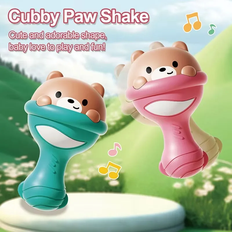 Leuke peuter handhamer rammelaar beer speelgoed met geluiden plastic babybel roze blauwe rammelaar shaker vroeg onderwijs speelgoed voor baby