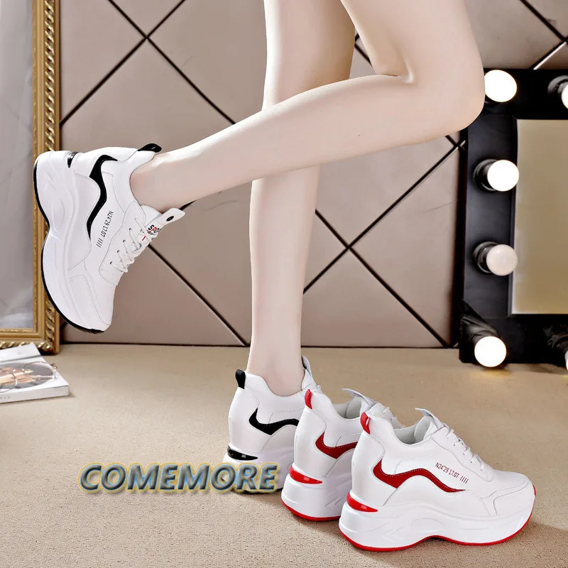 Women's Leather Platform Sneakers Spring White Shoes High Heels Wedge Outdoor Sport Shoes Breathable Round Toe Casual Shoes New