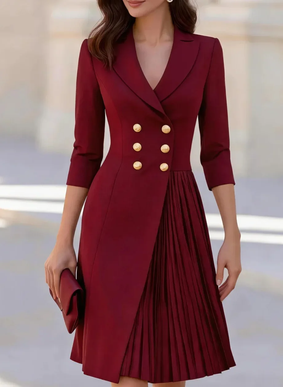 Notched Lapel Double Breasted Blazer Dress Women Three Quarter Sleeve Pleated Hem Commuter Formal Midi Dress Spring Autumn Dress