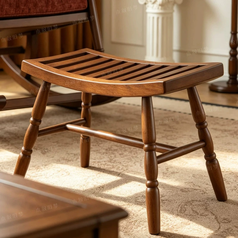 Solid Wood Foot Stool Retro Living Room Low Stool Entryway Shoe‑Changing Bench Multifunctional Leisure Ottoman Hotel Rest Seat
