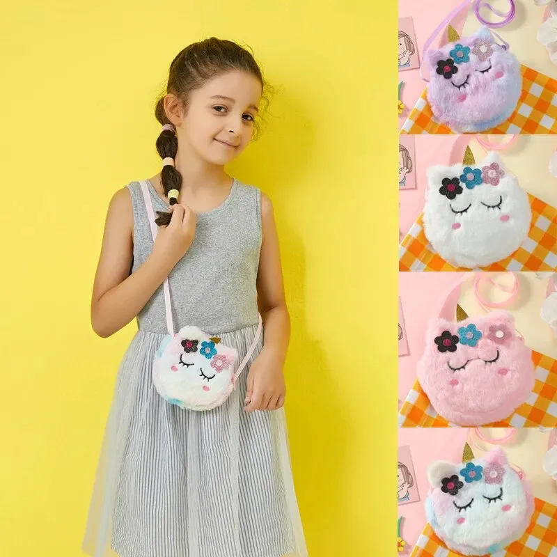 Bolso cruzado para niños, monedero de dibujos animados de unicornio de peluche, bolso cruzado con flores para niña, bolso de hombro portátil para cien