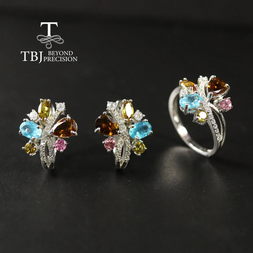 

Natural tourmaline apatite mixed gemstone set, 925 sterling silver, luxury exquisite jewelry for women the best gift