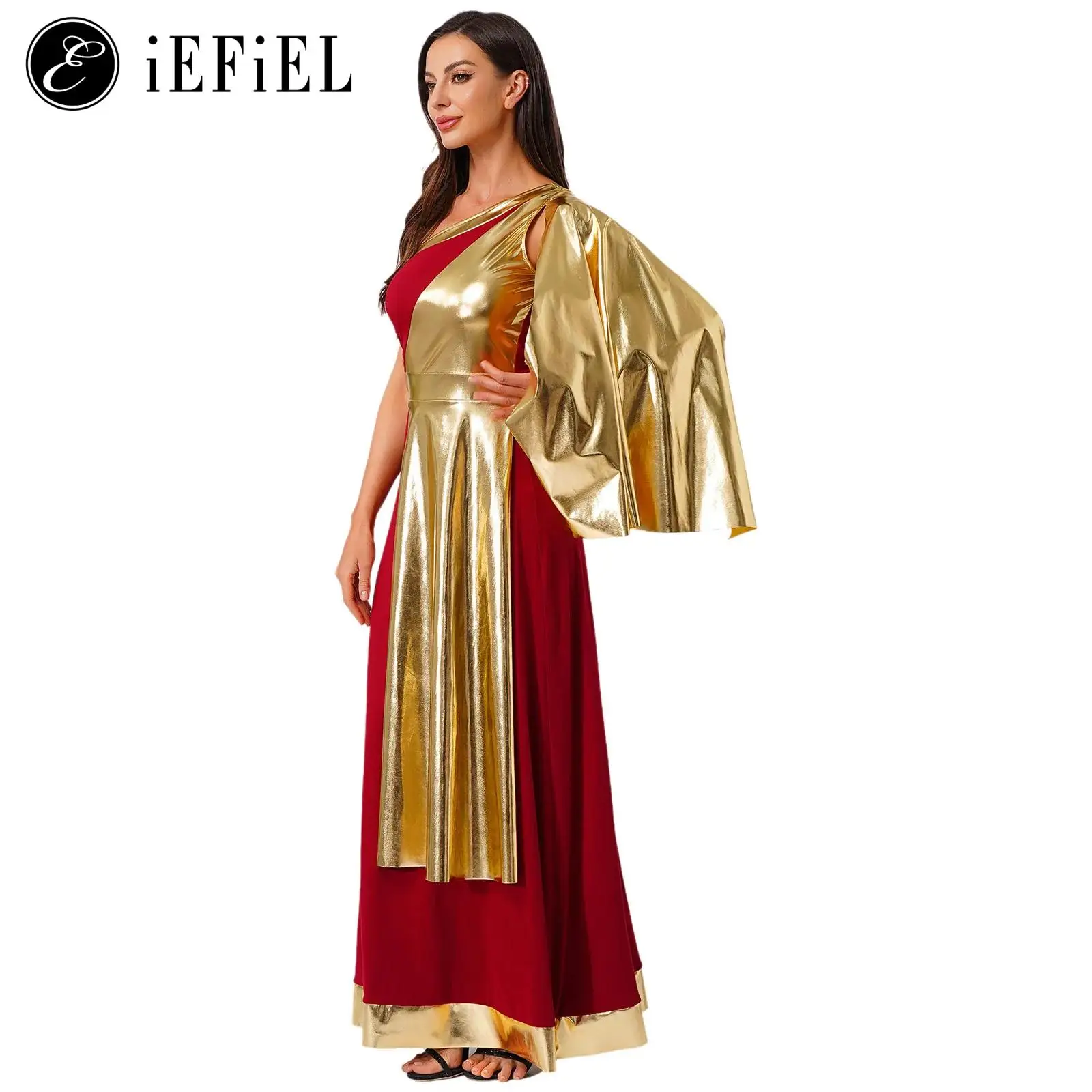 

Woman's Greek Princess Cosplay Costume Nymph Metallic Wrap Shoulder Toga Maxi Gown for Ancient Theme Party Philosopher Dress