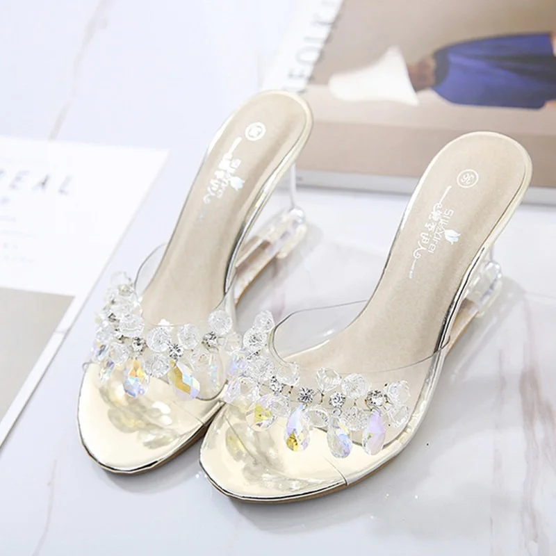 Women Crystal Slipper Wedges Sandals Female Sexy Transparent High Heels Rhinestone Womens Pumps Cute Slippers for Women Slides