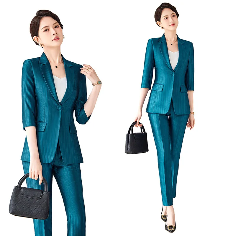 Suit Sets Ladies Temperament 2024 Spring Summer Thin Section Acetate Satin Business Wear Office Lady High-End elegant Blue Suit