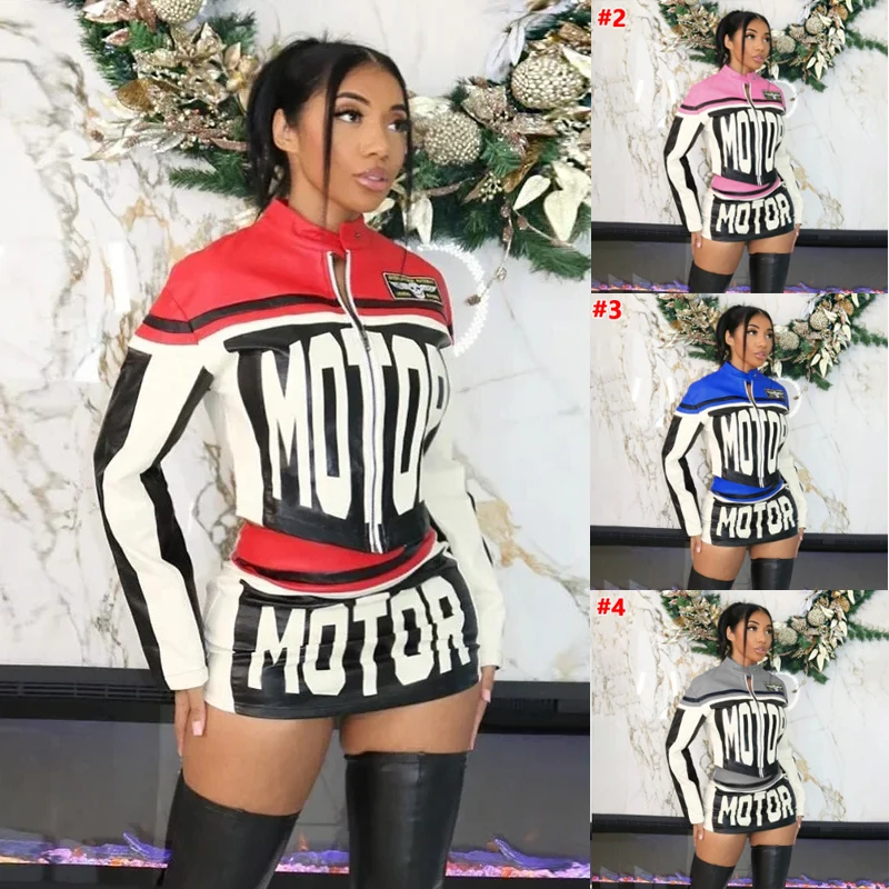 

2pcs Women Y2K Pu Leather Motorcycle Jacket Fashion Letter Pattern Long Sleeve Short Coat Skirt Set Hot Girls Outfits Streetwear