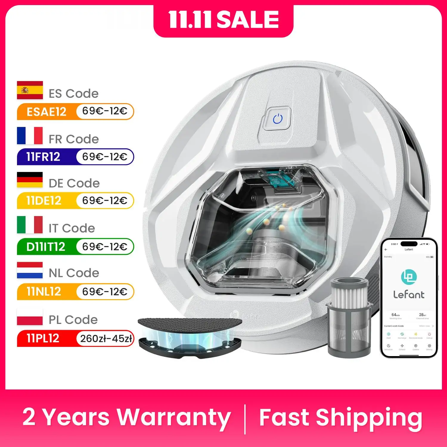 Aspirapolvere robot Lefant M320 con scopa, aspirazione potente 6000 Pa, super sottile, pattumiera visibile, rilevamento tappeti, bianco