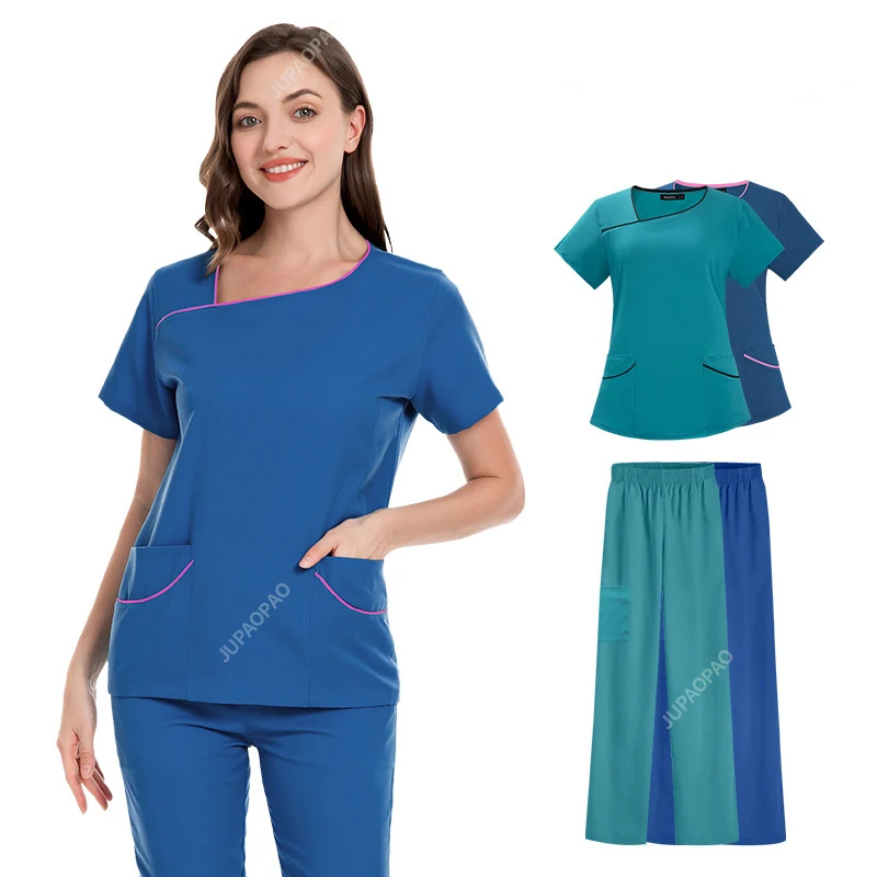 Nurse Uniform Workwear Women Short Sleeve V-neck Solid Color Medical Nursing Blouse Working Uniforms Carer  Overalls Scrubs Top